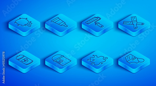 Set line Paint spray, Tube with paint palette, roller brush, bucket, can and Car painting icon. Vector