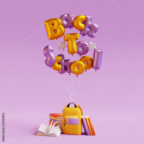 Backpack with different colorful stationery and balloons on pink background. 3d render