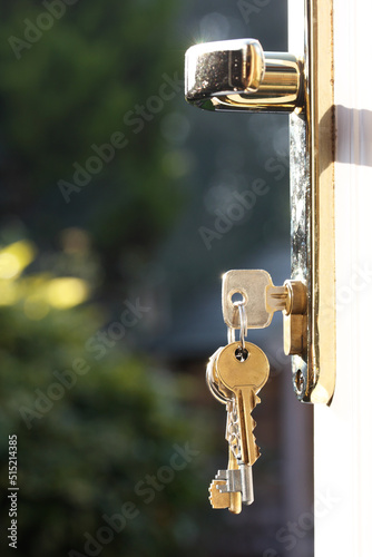 House keys in lock of door viewed outside vertical