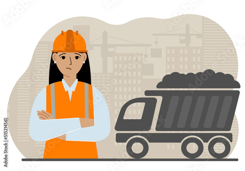 Civil engineer in a vest and hard hat at a construction site. Workers and dump truck with sand. Development, design for the site.