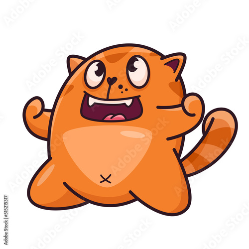 Cute red cat. Demonstrates emotions, victory, bingo, luck, joy. Cat character hand drawn style, sticker, emoji