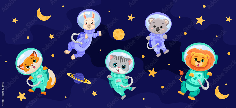 Cute animals set in open space with planets, moon and stars. Astronauts in costumes for children banner, textile print, kids design. Hand drawn vector cartoon illustration Cute animals set in open space with planets, moon and stars. Astronauts in costumes for children banner, textile print, kids design. Hand drawn vector cartoon illustration