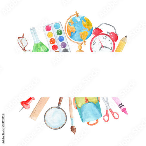 Watercolor school tools border isolated on white