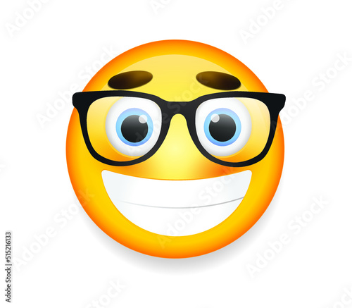 High quality emoticon on white background. Yellow face with spectacles on white background. Cute smiling emoticon wearing eyeglasses, emoji, smiley vector illustration.