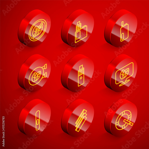 Set line No tobacco leaf, Vape mod device, Electronic cigarette, Tobacco shop, Cigar and Cigarette rolling papers icon. Vector