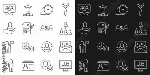 Set line Search job, Project team base, Employee hierarchy, Work time, Resume, Worker, and Exchange work icon. Vector