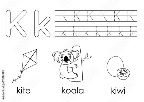 Learning English alphabet for kids. Letter K. Coloring book.