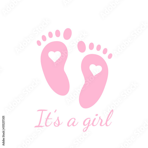 Pink Baby Shower Invite Greeting card. It's a girl. Baby foot footprint over pink color background
