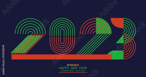 2023 numbers in minimalist style. New Year sign with lines and simple geometric shapes. Christmas card with red and green decoration. Bauhaus art flyer. Vector 2d illustration on dark background