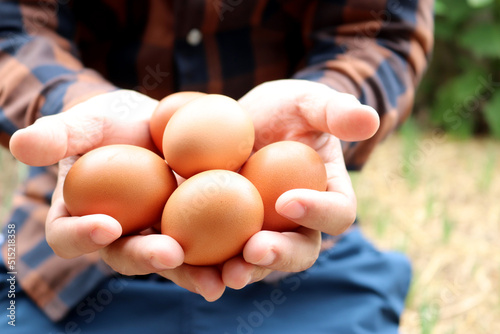 Farmer holds chicken eggs amid home grown vegetable garden.