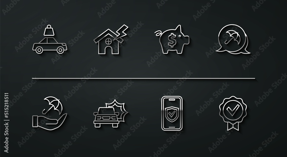Set line Car insurance, Umbrella hand, Insurance online, accident, House lightning, Approved check mark and Piggy bank icon. Vector Set line Car insurance, Umbrella hand, Insurance online, accident, House lightning, Approved check mark and Piggy bank icon. Vector