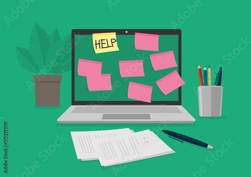 illustration vectorielle montrant un espace de travail avec un ordinateur portable. Sur l'écran, le mot help est écrit. Concept de la dépression et du burn out au travail 