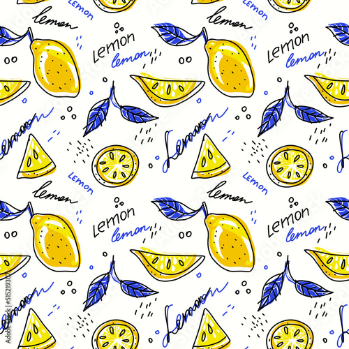 seamless pattern with lemons drawn by hand in a simple style, cartoon lemons, decorative summer background with lemons and leaves