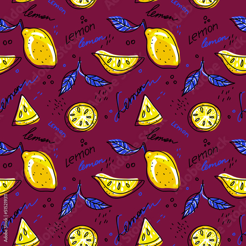 seamless pattern with lemons drawn by hand in a simple style, cartoon lemons, decorative summer background with lemons and leaves