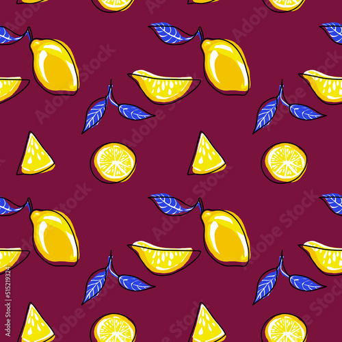 seamless pattern with lemons drawn by hand in a simple style, cartoon lemons, decorative summer background with lemons and leaves