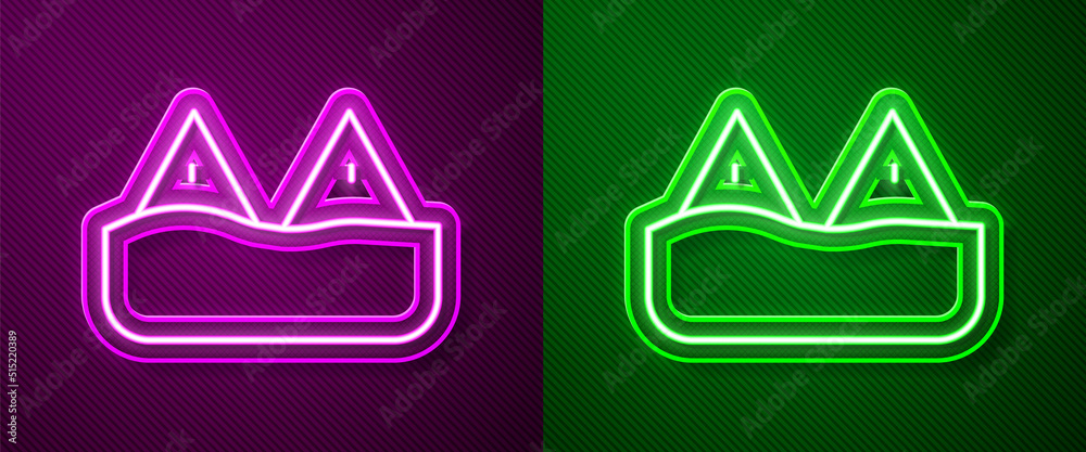 Glowing neon line Whale tail in ocean wave icon isolated on purple and green background. Vector Glowing neon line Whale tail in ocean wave icon isolated on purple and green background. Vector