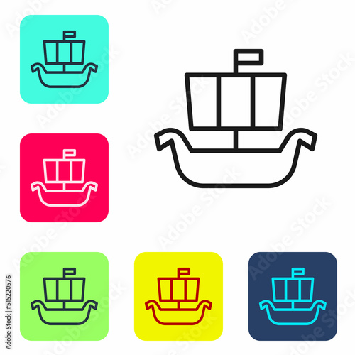 Black line Ancient viking scandinavian drakkar icon isolated on white background. Viking transport ship. Set icons in color square buttons. Vector