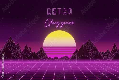 Retro Synthwave background with Sun and Mountains with RETRO text. 3D Illustration. 1980s Design Style.