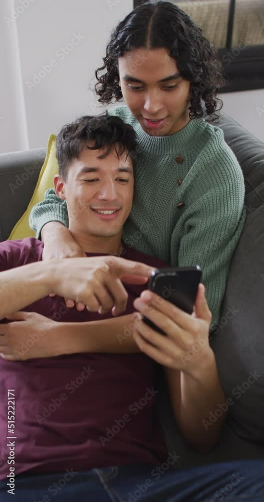 Vertical video of happy diverse couple sitting on sofa and using smartphone in living room Vertical video of happy diverse couple sitting on sofa and using smartphone in living room