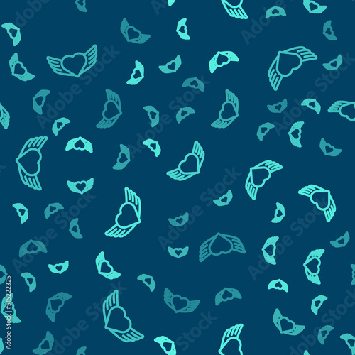 Green line Heart with wings icon isolated seamless pattern on blue background. Love symbol. Happy Valentines day. Vector