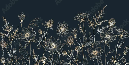 Obraz Abstract floral art background. Golden flowers and herbs. and wallpaper. Luxury Botanical cover design with text. Vector art for wallpaper or wall decoration. Hand drawn sketch