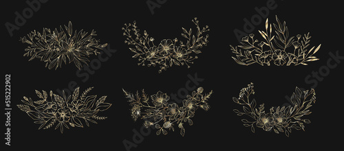 Set of floral compositions. Botanical arrangement of leaves branches and blooming flowers. Vector ornamental herbs in boutonniere and bouquet. Wedding design