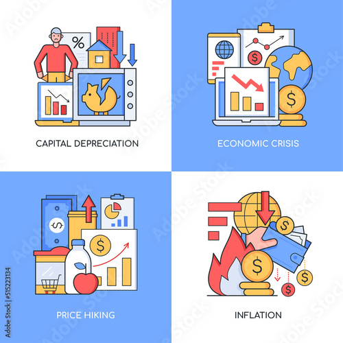 Economic crisis and inflation - set of line design style colorful illustrations