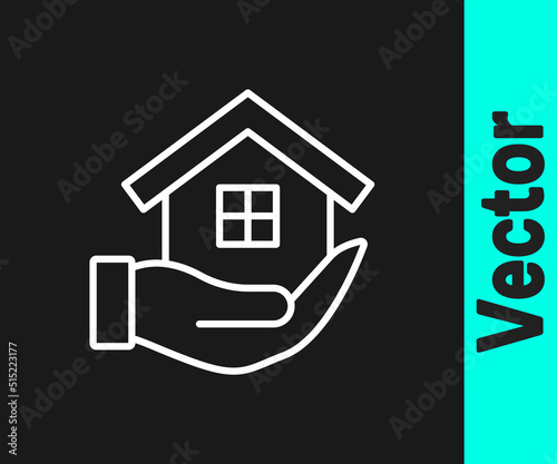 White line House in hand icon isolated on black background. Insurance concept. Security, safety, protection, protect concept. Vector