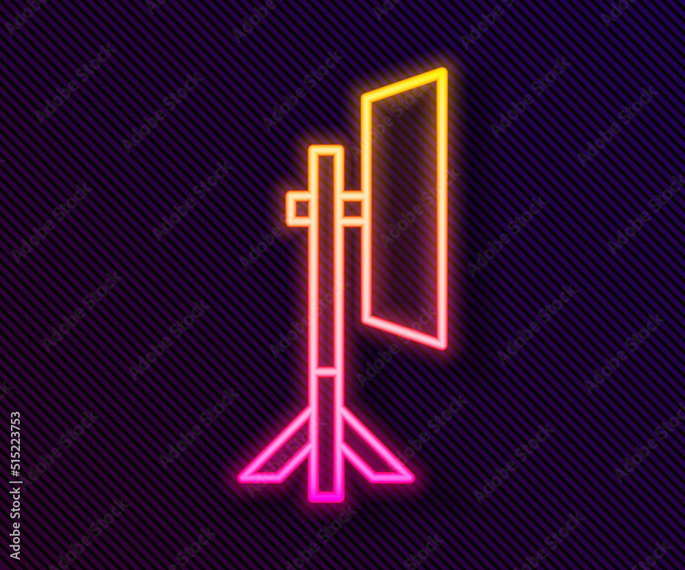 Glowing neon line Studio light bulb in softbox icon isolated on black background. Shadow reflection design. Vector Glowing neon line Studio light bulb in softbox icon isolated on black background. Shadow reflection design. Vector