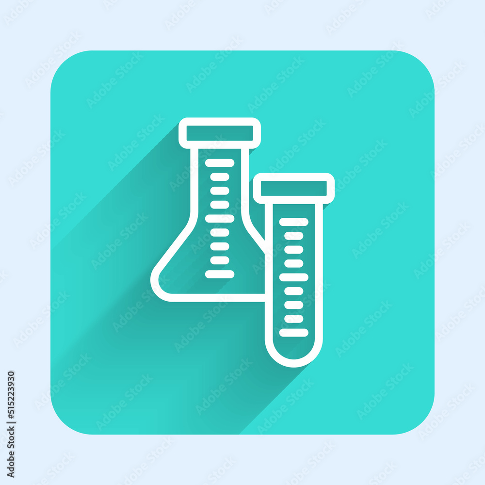 White line Test tube and flask chemical laboratory test icon isolated with long shadow background. Laboratory glassware sign. Green square button. Vector White line Test tube and flask chemical laboratory test icon isolated with long shadow background. Laboratory glassware sign. Green square button. Vector