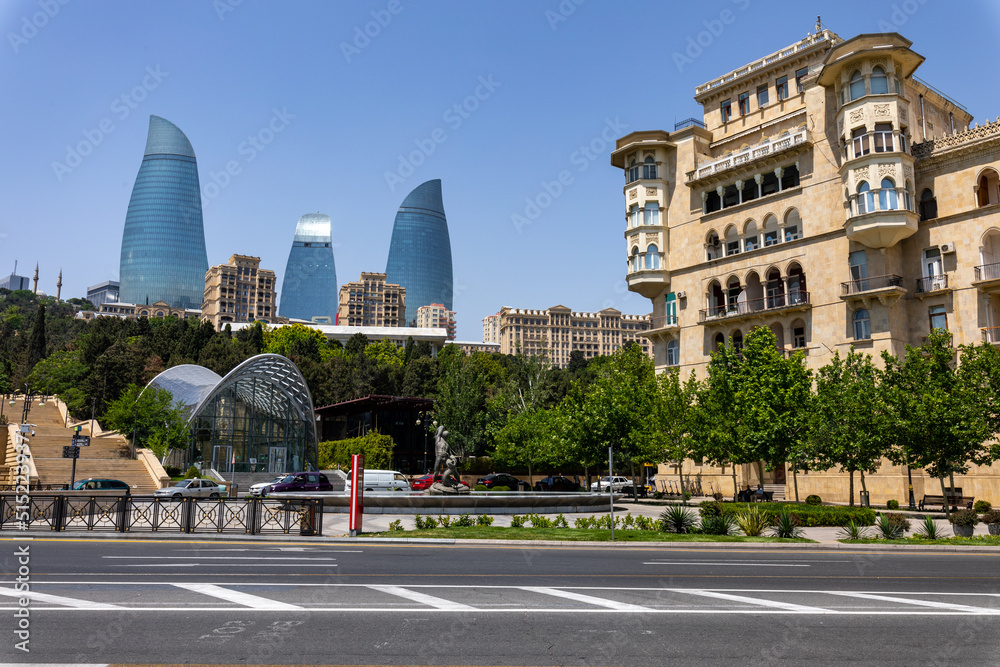 Obraz premium Baku Flame Towers is the tallest skyscraper in Baku, Azerbaijan. Panoramic view of Baku - the capital of Azerbaijan located by the Caspian See shore.