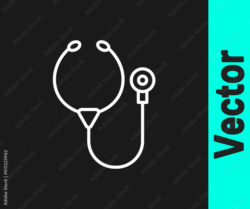 White line Stethoscope medical instrument icon isolated on black background. Vector