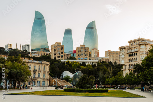 Baku Flame Towers is the tallest skyscraper in Baku, Azerbaijan. Panoramic view of Baku - the capital of Azerbaijan located by the Caspian See shore.