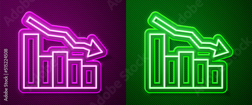 Glowing neon line Financial growth decrease icon isolated on purple and green background. Increasing revenue. Vector