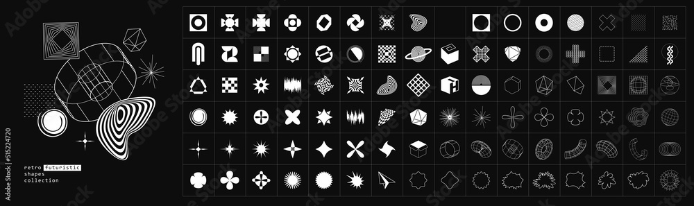 © merfin - Retrofuturistic geometry design elements collection. Cyber neo futuristic style 80s 90s glitch brutalism shapes, minimalist geometric elements, abstract bauhaus. Minimalist star and flower forms