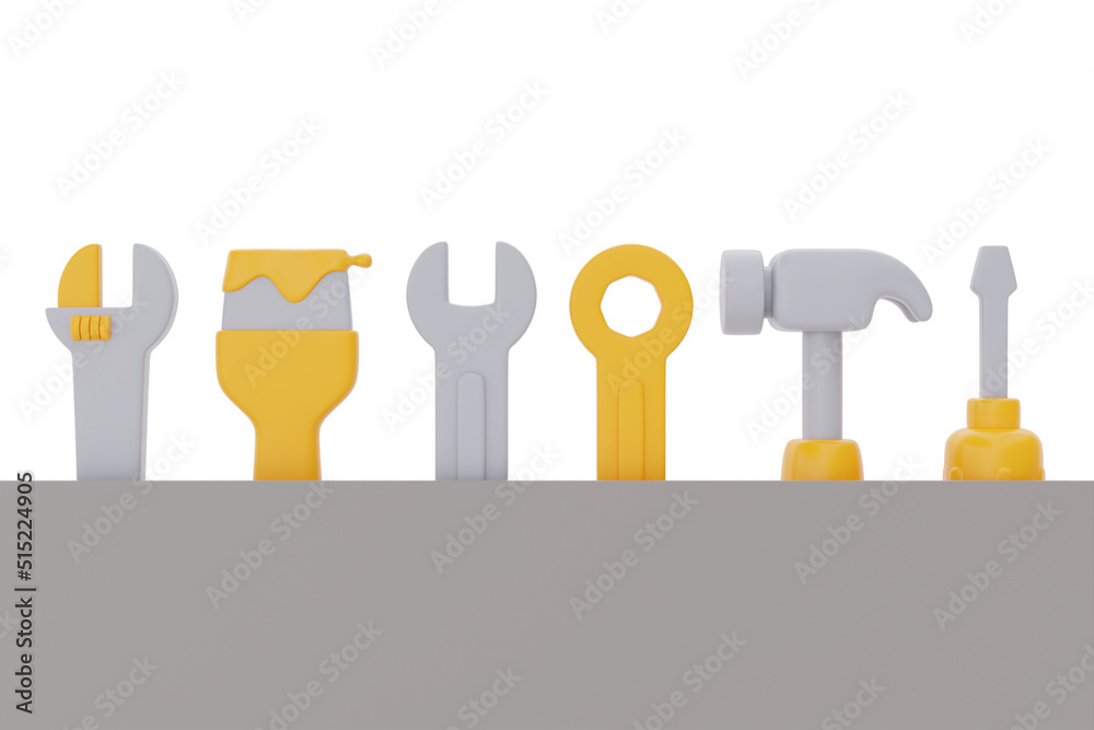set of construction tools and equipment with copy space, wrench, paint brush, hammer, screwdriver, labor day. 3d rendering