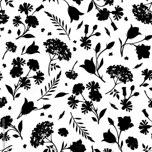 Seamless black and white floral pattern with flowers silhouettes. Vector illustration