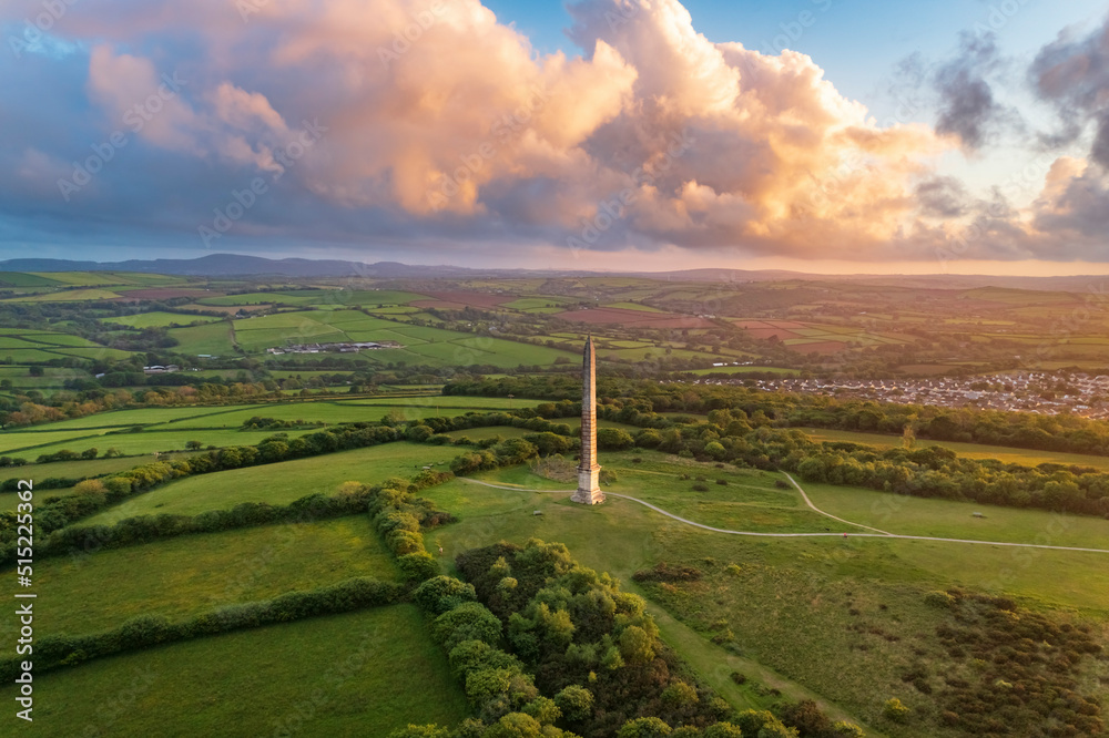 Aerial view of Bodmin Beacon during a dramatic sunset over the beautiful countryside of inland, Lanhydrock, Bodmin, Cornwall, United Kingdom. Aerial view of Bodmin Beacon during a dramatic sunset over the beautiful countryside of inland, Lanhydrock, Bodmin, Cornwall, United Kingdom.