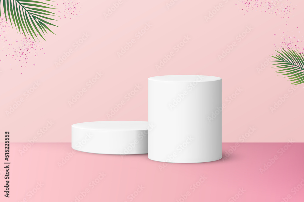Two podiums for product display isolated on pastel pink background