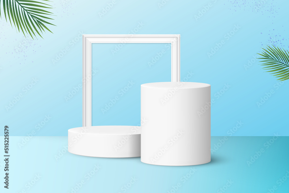Two podiums with frame for product display isolated on pastel blue background Two podiums with frame for product display isolated on pastel blue background