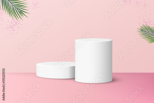 Two podiums for product display isolated on pastel pink background