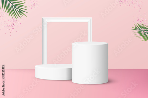 Two podiums with frame for product display isolated on pastel pink background