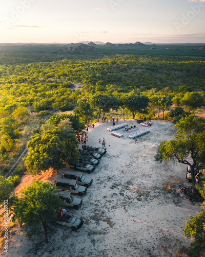 Aerial view of people in dinner break on safari in the South African forest, Phalaborwa, Limpopo, South Africa. photo