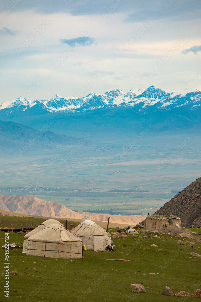 Nomads living in yurts in the Tian Shan Mountains of Kyrgyzstan.
