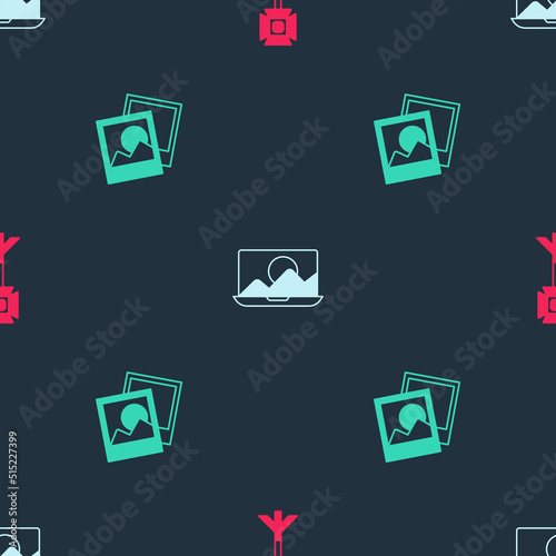 Set Studio light bulb in softbox, Photo retouching and frame on seamless pattern. Vector