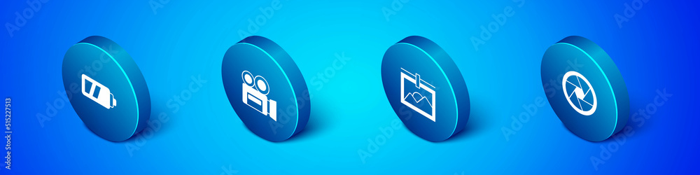 Set Isometric Battery for camera, Photo frame, Camera shutter and Retro cinema icon. Vector