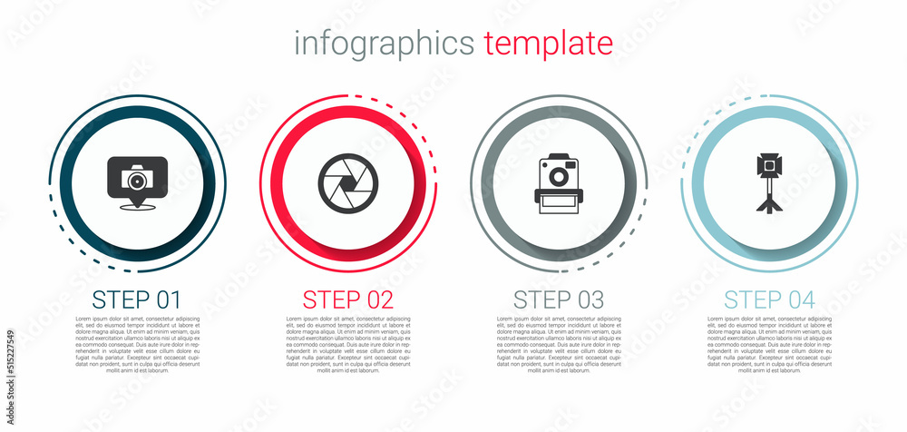 Set Photo camera, Camera shutter, and Studio light bulb in softbox. Business infographic template. Vector Set Photo camera, Camera shutter, and Studio light bulb in softbox. Business infographic template. Vector
