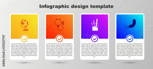 Set Earth globe, Stethoscope, Laboratory glassware and Bacteria. Business infographic template. Vector