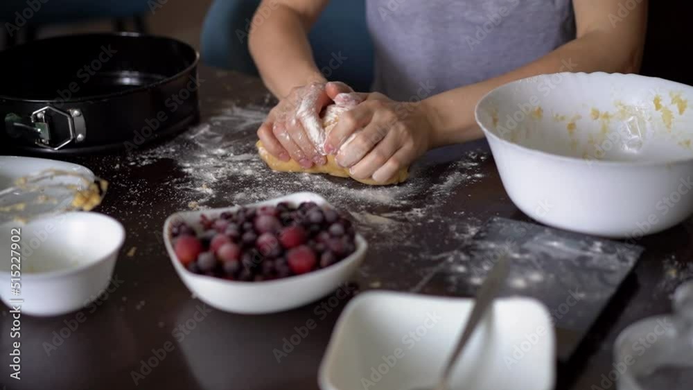 Closeup shot of hands applying flour on dough, woman kneading dough, making pie using traditional recipe Closeup shot of hands applying flour on dough, woman kneading dough, making pie using traditional recipe