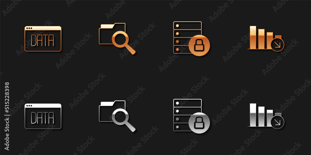 Set Data analysis, Search with folder, Server security padlock and Financial growth decrease icon. Vector Set Data analysis, Search with folder, Server security padlock and Financial growth decrease icon. Vector